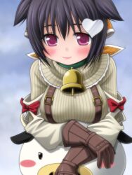  1girl bell belt black_hair breasts brown_gloves capelet cow cow_girl emil_chronicle_online gloves hair_ornament hair_ribbon large_breasts momo_alma neck_bell orange_ribbon red_ribbon ribbon takanashi_tsukasa two_side_up violet_eyes white_capelet 