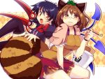  animal_ears asymmetrical_wings bad_id black_hair black_legwear bottle bowtie brown_eyes brown_hair futatsuiwa_mamizou houjuu_nue kiseru matatabi_maru multiple_girls pipe raccoon_ears raccoon_tail red_eyes sake_bottle short_hair skirt tail thigh-highs thighhighs touhou wings 