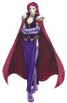  boots breasts brunya cape circlet cleavage earrings elbow_gloves fire_emblem fire_emblem:_fuuin_no_tsurugi fire_emblem_fuuin_no_tsurugi gloves highres jewelry kaneda_eiji lipstick long_hair makeup purple_eyes purple_hair side_slit thigh-highs thigh_boots thighhighs violet_eyes 
