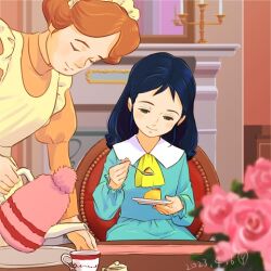  2girls apron ascot blue_dress blue_hair blurry blurry_foreground brown_hair candelabra candle candlestand chair closed_eyes closed_mouth commentary_request cup dated dress fireplace food frilled_apron frills green_eyes hair_bun half-closed_eyes happy holding holding_spoon indoors juliet_sleeves leaning_forward long_hair long_sleeves looking_at_food lowres maid maid_headdress mariette_(princess_sarah) multiple_girls orange_dress plate pom_pom_(clothes) princess_sarah pudding puffy_sleeves sakai_yume sarah_crewe signature sitting smile spoon standing table teacup teapot white_apron yellow_ascot 