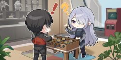  ! 1boy 1girl ? absurdres ak-15_(girls'_frontline) arcade_cabinet artist_request black_hair black_pants braid broken chibi chibi_only chinese_commentary commander_(girls'_frontline) copyright_notice foosball_table full_body girls'_frontline_2:_exilium girls_frontline grey_hair hair_over_one_eye highres jacket official_art pants plant potted_plant second-party_source standing strong sweatdrop window 