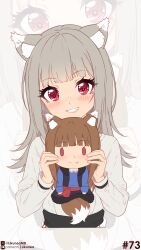  1girl absurdres animal_ear_fluff animal_ears artist_name black_sash blunt_bangs blush brown_hair character_doll doll eyelashes grey_hair grey_shirt highres holding holding_doll holo likunea long_sleeves looking_at_viewer myuri_(spice_and_wolf) patreon_logo patreon_username red_eyes sash shirt smile spice_and_wolf tail twitter_username twitter_x_logo wolf_and_parchment wolf_girl wolf_tail zoom_layer 