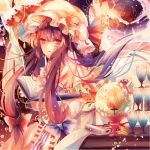  book bow crescent cup hat kirero long_hair patchouli_knowledge purple_hair red_eyes scroll solo touhou 
