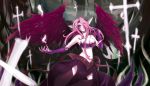  bare_shoulders beancurd breasts cleavage cross league_of_legends long_hair midriff morgana navel pink_eyes pink_hair pointy_ears solo wings 