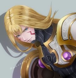  1boy armor blonde_hair blue_eyes commentary_request dutch_angle facial_mark final_fantasy final_fantasy_xi grey_background kam'lanaut long_hair looking_at_viewer male_focus masaenjel shadow smirk solo twitter_username 