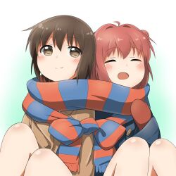  2girls ^_^ ahoge akaza_akari blue_coat blue_scarf blush brown_coat brown_eyes brown_hair closed_eyes coat commentary_request dokka_no_kuni_no_kokuou double_bun feet_out_of_frame funami_yui gradient_background hair_bun hair_intakes hand_up heads_together knees knees_up long_sleeves mittens multiple_girls open_mouth red_hair red_mittens red_scarf scarf shared_clothes shared_scarf short_hair simple_background sitting striped_clothes striped_scarf twintails two_side_up white_background winter_clothes winter_coat yuri yuruyuri 
