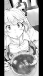  aya_shachou blush bow bowl caught chopstick chopsticks eating egg eyelashes face food from_above fujiwara_no_mokou hair_bow long_hair looking_at_viewer looking_up monochrome mouth_hold noodles pillarboxed ramen slit_pupils solo spoon steam suspenders touhou very_long_hair 