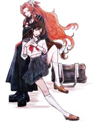  2girls aerith_gainsborough aerith_gainsborough_(midgard_seventh_high_school) bag black_gloves black_hair black_sailor_collar black_serafuku black_skirt blue_sailor_collar blue_skirt bracelet brown_hair brown_shoes delinquent english_commentary final_fantasy final_fantasy_vii final_fantasy_vii_ever_crisis flower full_body gloves green_eyes hair_flower hair_ornament hair_scrunchie hairclip highres jewelry long_hair looking_at_viewer midriff_peek multiple_girls neckerchief official_alternate_costume parted_bangs pleated_skirt red_eyes red_neckerchief sailor_collar school_uniform scrunchie serafuku serinigalini shoes skirt socks sukeban tifa_lockhart tifa_lockhart_(midgard_seventh_high_school) white_flower white_serafuku white_socks 