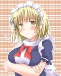  blonde_hair blush breasts crossed_arms fuyoyo maid maid_headdress mugetsu mugetsu_(touhou) ribbon short_hair short_sleeves solo sweatdrop touhou touhou_(pc-98) yellow_eyes 