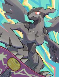  abstract_background absurdres black_skin claws colored_sclera colored_skin highres komanychi pokemon pokemon_(creature) red_sclera skateboard skateboarding solo white_eyes zekrom 