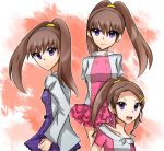  amano_nene brown_hair digimon digimon_xros_wars dress frilled_skirt frills hair_ornament hairclip high_ponytail kid1215 long_hair multiple_persona open_mouth purple_eyes skirt smile split_ponytail time_paradox twintails violet_eyes 