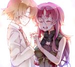 1girl amputee bare_shoulders blood brown_hair closed_eyes colored_eyelashes eyes_closed formal hand_holding happy holding_hands jewelry long_hair mirai_nikki necktie nekotya nishijima_masumi open_mouth payot purple_hair ring simple_background smile spoilers suit tears uryuu_minene white_background 