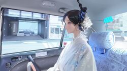  1girl absurdres alternate_costume black_hair blue_hair car_interior closed_mouth colored_inner_hair commentary curtained_hair demon_horns earrings eyelashes floral_print floral_print_kimono flower forehead hair_bun hair_flower hair_ornament highres hololive hololive_english horn_flower horns japanese_clothes jewelry kimono light_smile lips looking_ahead mole mole_under_eye multicolored_hair nerissa_ravencroft print_kimono red_eyes road sitting solo street thekaiyip vehicle_interior virtual_youtuber white_kimono 