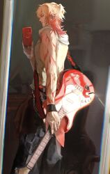  1boy alternate_costume black_nails black_pants blonde_hair commentary ear_piercing electric_guitar gradient_hair guitar highres holding holding_guitar holding_instrument holding_phone honkai:_star_rail honkai_(series) instrument male_focus medium_hair mirror_selfie multicolored_hair mydei_(honkai:_star_rail) nakagem_0510 pants phone piercing ponytail red_hair selfie shirt sleeveless sleeveless_shirt solo tank_top yellow_eyes yellow_tank_top 