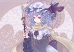  adapted_costume alternate_costume bust cape colored_eyelashes crown dress flower hat iris_anemone polearm purple_hair red_eyes remilia_scarlet ribbon rose short_hair solo thorns touhou vines weapon 