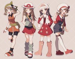  4girls bag bandana beanie bike_shorts black_hair black_shorts black_socks blue_eyes blue_hair blue_overalls blue_shirt blush boots bow breasts brown_eyes brown_hair closed_mouth coat duffel_bag fanny_pack gloves green_bandana hair_ornament hairclip hat hat_bow highres hikari_(pokemon) leaf_(pokemon) long_hair long_sleeves looking_at_viewer loose_socks lyra_(pokemon) may_(pokemon) mikakami1e multiple_girls newsboy_cap one_eye_closed open_mouth orange_shirt overalls pink_boots poke_ball_print pokemon pokemon_dppt pokemon_emerald pokemon_frlg pokemon_hgss pokemon_platinum pokemon_rse porkpie_hat red_coat red_shirt red_skirt ribbon scarf shirt shoes short_hair short_sleeves shorts shoulder_bag simple_background skirt sleeveless sleeveless_shirt smile socks thigh-highs twintails vs_seeker white_gloves white_hat white_scarf white_thighhighs 