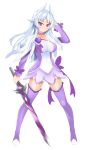  breasts choker cure_sword cure_sword_(cosplay) dokidoki!_precure hevn horns large_breasts long_hair original precure purple_legwear silver_hair simple_background sword thighhighs violet_eyes weapon white_background 