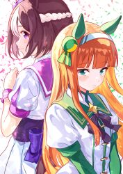  2girls absurdres animal_ears back_bow black_bow blunt_bangs blush bow braid brown_hair closed_mouth ear_covers green_eyes green_sleeves hairband highres horse_ears horse_girl horse_tail jacket kanon_(user_rrhr4244) looking_at_viewer multicolored_hair multiple_girls orange_hair purple_sailor_collar sailor_collar shirt short_sleeves silence_suzuka_(umamusume) skirt special_week_(umamusume) tail two-tone_hair umamusume white_hair white_hairband white_jacket white_shirt white_skirt wrist_cuffs 