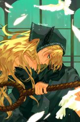  1girl aqua_eyes artist_name bird blonde_hair bright_pupils closed_mouth commentary detached_hood dress dungeon_meshi estereggz feathers from_side green_background green_dress green_hood highres holding holding_staff hood hood_up long_hair long_sleeves looking_at_viewer marcille_donato marcille_donato_(lord) solo staff white_bird white_pupils 