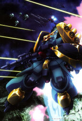  absurdres artist_request asteroid battle beam_rifle char's_counterattack energy_beam energy_gun fleet funnels_(gundam) gundam gundam_perfect_file highres jagd_doga_gyunei_custom jegan machinery magazine_scan mecha mecha_focus mobile_suit neo_zeon official_art ra_cailum robot scan scene_reference science_fiction shield space spacecraft thrusters weapon 