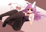  animal_ears arano_oki ass bare_shoulders black_legwear bowtie breasts bunny_ears bunnysuit cleavage detached_collar heart high_heels lying on_back open_mouth pantyhose purple_hair red_eyes reisen_udongein_inaba shoes smile solo touhou wrist_cuffs 