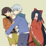  2boys akise_aru amano_yukiteru belt bisexual black_hair blue_eyes blush bow hair_bow hair_ornament hair_over_one_eye hands_clasped holding jacket japanese_clothes kasugano_tsubaki long_hair mirai_nikki multiple_boys no_hat no_headwear purple_eyes purple_hair red_eyes shacttainw shirt_tug shorts very_long_hair violet_eyes white_hair 