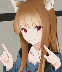  1girl animal_ear_fluff animal_ears black_vest blue_shirt blunt_bangs brown_hair closed_mouth collarbone grey_background hands_up highres holo long_hair looking_at_viewer makitekka pointing pointing_up pouch red_eyes shirt sidelocks smile solo spice_and_wolf upper_body vest wolf_ears wolf_girl 
