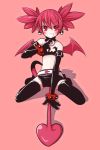  black_legwear choker demon_girl demon_tail demon_wings disgaea earrings elbow_gloves etna gloves guriko_(mossari) highres jewelry midriff navel pink_background pink_eyes pink_hair short_hair simple_background slit_pupils solo tail thigh-highs thighhighs twintails wings 