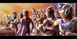  6+boys alien arm_up armor black_skin blue_eyes blue_gemstone blue_skin breastplate building city cityscape clenched_hands colored_skin commentary compound_eyes crystal dated dorsal_fin dust_cloud everyone eye_slugger fighting_stance fist_in_hand flying forehead_jewel from_behind gem giant giant_male glowing glowing_eyes gradient_sky green_gemstone hands_up highres in-franchise_crossover kaette_kita_ultraman letterboxed looking_afar looking_ahead male_focus multicolored_skin multiple_boys muscular muscular_male orange_sky outdoors pectorals purple_skin red_skin shoulder_armor signature silver_skin sky skyscraper snowslide sunset tokusatsu ultra_bracelet_(ultraman_zero) ultra_galaxy_(series) ultra_series ultraman ultraman_(1st_series) ultraman_ace ultraman_ace_(series) ultraman_cosmos ultraman_cosmos_(luna_mode) ultraman_decker ultraman_decker_(flash_type) ultraman_decker_(series) ultraman_dyna ultraman_dyna_(flash_type) ultraman_dyna_(series) ultraman_geed ultraman_geed_(series) ultraman_jack ultraman_justice ultraman_justice_(standard_mode) ultraman_saga_(movie) ultraman_trigger ultraman_trigger_(multi_type) ultraman_trigger_(series) ultraman_zero ultraseven ultraseven_(series) white_eyes yellow_eyes 