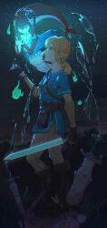  1boy 1girl absurdres after_battle blonde_hair blue_tunic champion&#039;s_tunic_(zelda) ghost highres holding holding_sword holding_weapon link magic master_sword mipha night own_hands_clasped own_hands_together pointy_ears praying sheikah_slate sky standing star_(sky) starry_sky sword the_legend_of_zelda the_legend_of_zelda:_breath_of_the_wild tunic weapon xinghen_az 