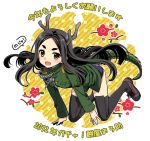  2012 aiguillette all_fours artist_name black_hair black_legwear dragon_girl dragon_horns dragon_tail eyebrows floral_background flower fuso_empire_princess fusou_empire_princess horns long_hair looking_at_viewer military military_jacket military_uniform mochiya_marosuke new_year no_pants open_mouth plum_blossoms short_eyebrows smile solo strike_witches tail thigh-highs thighhighs uniform 