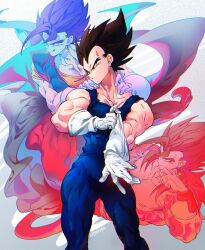  black_hair blue_eyes blue_sash closed_mouth dougi dragon_ball dragon_ball_heroes dragon_ball_z earrings gloves highres jewelry long_hair male_focus monkey_boy monkey_tail multiple_boys muscular muscular_male ommmyoh pants potara_earrings red_fur saiyan sash smile spiky_hair super_saiyan super_saiyan_4 tail time_patrol_(dragon_ball) twitter_username vegeta vegetto vegetto_(xeno) 