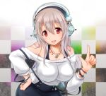  asahi_yanagi bare_shoulders breasts checkered checkered_background headphones jewelry necklace nitroplus pink_hair red_eyes short_hair solo super_sonico suspenders 