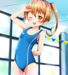  brown_eyes brown_hair child competition_swimsuit long_hair looking_at_viewer ok-ray one-piece_swimsuit original solo swimsuit twinails twintails v wink 