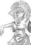  bad_id breasts greyscale hat kikiriri looking_at_viewer miyako_yoshika monochrome open_mouth outstretched_arms sharp_teeth short_hair simple_background smile solo tongue touhou white_background 