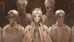  4others 5boys ahoge balding beard character_request closed_mouth faceless faceless_male facial_hair game_cg grin hand_on_another&#039;s_head highres jacket looking_at_viewer male_focus monochrome multiple_boys multiple_others mustache non-web_source official_art open_clothes open_jacket open_mouth sepia smile tate_no_yuusha_no_nariagari tate_no_yuusha_no_nariagari_rise turtleneck 