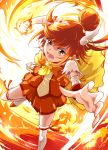  bike_shorts boots choker cure_sunny fiery_background fire hino_akane magical_girl mousoup open_mouth orange_(color) orange_background orange_eyes orange_hair precure punching short_hair shorts_under_skirt skirt smile smile_precure! solo thigh-highs thighhighs tiara touhou white_legwear 