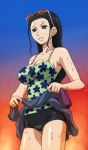  black_hair breasts cleavage large_breasts long_hair nami_(cosplay) nico_robin one_piece sunglasses sunglasses_on_head sweat wet 