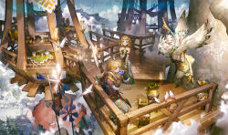  1girl 2boys bird bird_boy blonde_hair blue_eyes bow_(weapon) brown_jacket clouds cloudy_sky dress flying highres instrument jacket link multiple_boys music ocarina outdoors playing_instrument princess_zelda rito scorpion5050 short_hair sky smile snowquill_set_(zelda) the_legend_of_zelda the_legend_of_zelda:_tears_of_the_kingdom tulin_(zelda) weapon white_dress winter_clothes 
