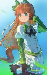  1girl akared animal_ears aqua_eyes black_bow black_bowtie black_gloves blunt_bangs bow bowtie ear_covers gloves hair_ornament hairband hairclip highres hime_cut horse_ears horse_girl horse_tail jacket long_hair long_sleeves looking_to_the_side orange_hair pleated_skirt silence_suzuka_(umamusume) skirt solo tail umamusume white_hairband white_jacket white_skirt 