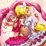  blonde_hair blue_eyes brooch cure_melody cure_rhythm green_eyes hand_holding heart holding_hands houjou_hibiki jewelry long_hair magical_girl midriff minamino_kanade multiple_girls navel pink_hair ponytail precure simulex skirt suite_precure twintails 