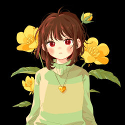  1other absurdres akiponv androgynous black_background blush brown_hair chara_(undertale) collared_sweater colored_lineart commentary flower frown golden_flower_(undertale) green_sweater hair_between_eyes heart heart_necklace highres jewelry medium_hair necklace other_focus red_eyes simple_background solo solo_focus striped_clothes striped_sweater sweater symbol-only_commentary two-tone_sweater undertale utdr_(toby_fox) yellow_flower yellow_sweater 