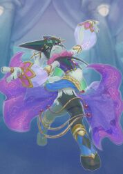  artist_name clothed_pokemon detached_sleeves green_fur highres jewelry looking_at_viewer meowscarada meowscarada_(dancer) official_alternate_costume pink_eyes pitari pokemon pokemon_(creature) pokemon_unite puffy_sleeves ring solo two-tone_fur watermark 