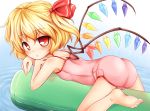  baku_ph barefoot blonde_hair feet flandre_scarlet inflatable_toy one-piece_swimsuit pink_swimsuit red_eyes short_hair soles solo swimsuit touhou water wings 