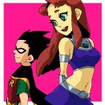  1boy 1girl armlet black_hair cape dc_comics dick_grayson dramatica green_eyes lowres mask midriff navel oekaki red_hair redhead robin_(dc) robin_(teen_titans) smile starfire teen_titans 