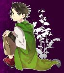  1boy ankle_boots black_hair boots capri_pants flipped_hair flower full_body hood hoodie kamen_rider kamen_rider_w legs_folded legs_together long_sleeves looking_at_viewer looking_back male_focus open_mouth pants philip_(kamen_rider) plant purple_background red_footwear shoes short_hair silhouette simple_background sitting solo tagme yakisoba14 