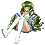  bad_id blue_eyes blush breasts choker cleavage detached_sleeves frog frog_hair_ornament green_hair hair_ornament hair_tubes kochiya_sanae long_hair maetaku open_mouth sitting skirt snake solo thigh-highs thighhighs touhou white_legwear 