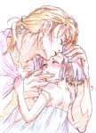  1girl age_difference bare_shoulders blonde_hair blush child closed_eyes color_trace colored_pencil_(medium) couple dress eyes_closed face facial_hair hand_on_another&#039;s_face hand_on_another's_face hands holding hug male nishida_asako original ponytail short_hair size_difference sketch sleeping strap_slip traditional_media 
