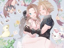  1boy 1girl aerith_gainsborough aqua_eyes arm_around_shoulder armor armored_gloves bare_shoulders blonde_hair bluelimbo8888 braid braided_ponytail brown_hair character_name chocobo choker cloud_strife dress ferris_wheel final_fantasy final_fantasy_vii final_fantasy_vii_rebirth final_fantasy_vii_remake flower flower_choker grey_background hair_ribbon happy_birthday highres holding_hands lily_(flower) long_dress long_hair moogle mushroom one_eye_closed open_mouth parted_bangs pauldrons photo_(object) pink_dress pink_ribbon ribbon rose sabotender seashell selfie shell short_hair shoulder_armor sidelocks single_braid single_pauldron sleeveless sleeveless_dress sleeveless_turtleneck smile spiky_hair stuffed_animal stuffed_toy tulip turtleneck 