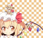  :p akina873 ascot blonde_hair blush closed_eyes eyes_closed flandre_scarlet four_of_a_kind_(touhou) hat minigirl multiple_girls multiple_persona open_mouth red_eyes ribbon short_hair side_ponytail skirt smile tongue touhou wings 